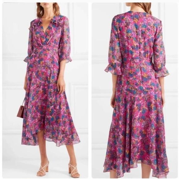 Saloni Edith Pink Floral V-Neck Midi Dress Silk Ruffle Size 0 Women's Preowned - Picture 2 of 15